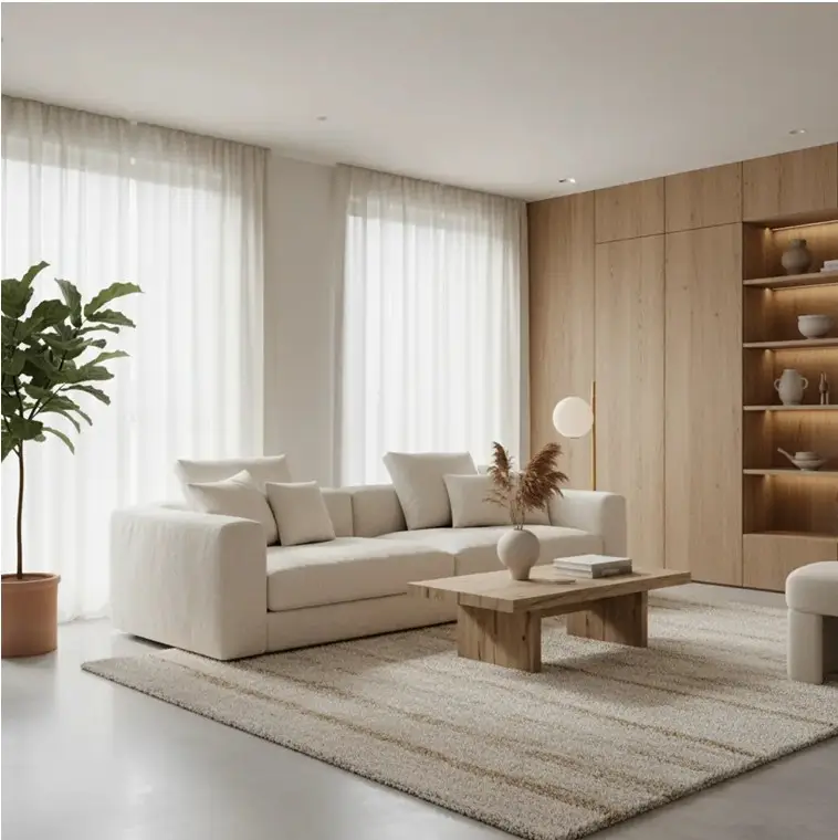 Cozy minimalist living room with cream sustainable LOOMLAN sofa, warm wood tones, layered textiles, and neutral decor.