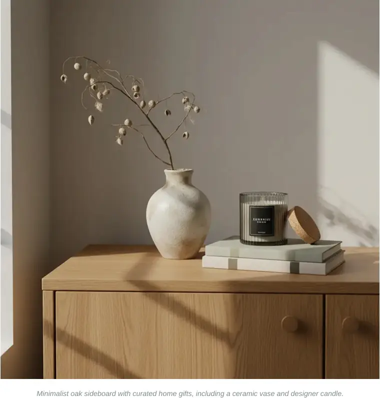 Minimalist oak sideboard topped with a matte ceramic vase, designer candle, and small curated gift tray.