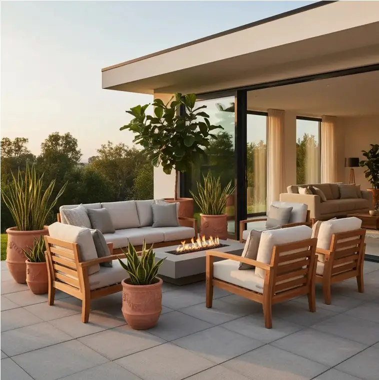 Modern outdoor patio featuring a teak LOOMLAN lounge set—woven chairs and sofa with cushions—arranged around a low rectangular fire table, potted plants and evening lighting in the background.